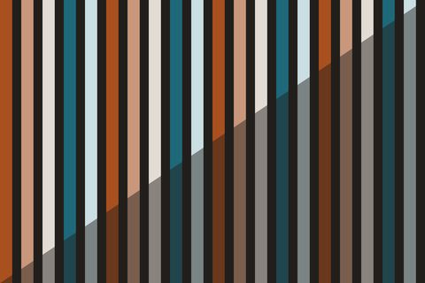 Vertical stripes in terracotta, sand, cream, teal and pale blue on a near-black background, crossed by a darker diagonal shadow from lower left to upper right.