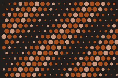 Rows of terracotta and sand dots on a near-black background, the dots swelling and shrinking in a ripple across the picture.