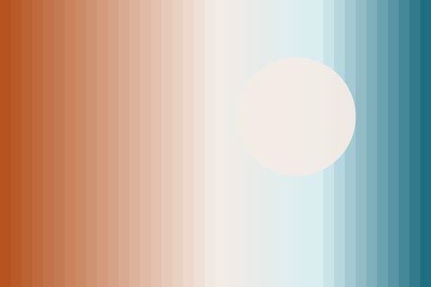 Vertical bands that fade from terracotta on the left, through cream in the middle, to teal on the right, with a large pale circle like a moon at the upper right.