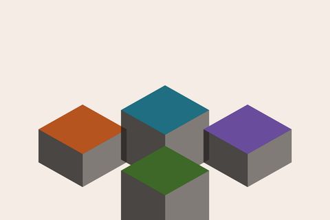 Four blocks drawn in isometric view, with terracotta, teal, violet and green tops and dark sides, arranged in a diamond on a cream background.