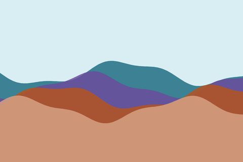 Layered wavy hills in teal, violet, terracotta and sand rising to the right beneath a pale blue sky.