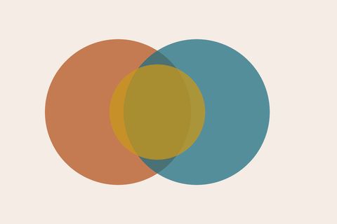 Two large overlapping circles, one terracotta and one teal, with a gold circle where they cross, on a cream background.