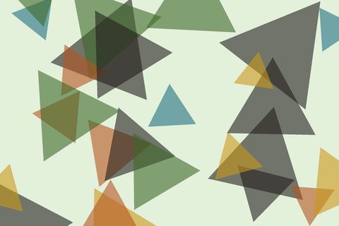 Semi-transparent triangles in green, teal, gold, terracotta and dark grey, at different sizes and angles, overlapping on a pale green background.