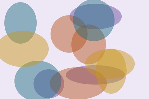 Overlapping translucent ovals in violet, terracotta, teal and gold, at different sizes, on a lilac background.