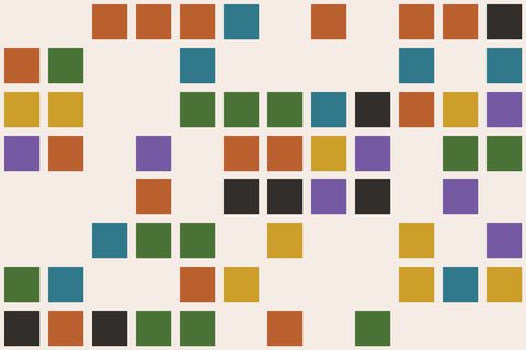 A grid of small squares in terracotta, teal, violet, green, gold and black on cream, with gaps where squares are missing.