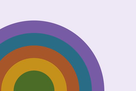 Five nested half-circle arcs in violet, teal, terracotta, gold and green, growing out of the lower left corner like a rainbow, on a lilac background.