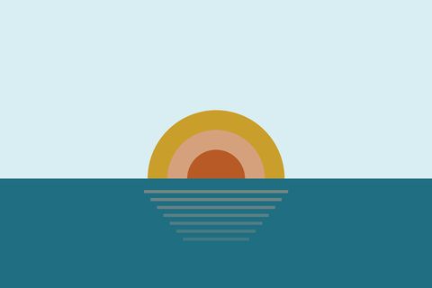 A sun made of gold, sand and terracotta rings rising over a flat teal sea, with faint horizontal lines for its reflection, under a pale blue sky.